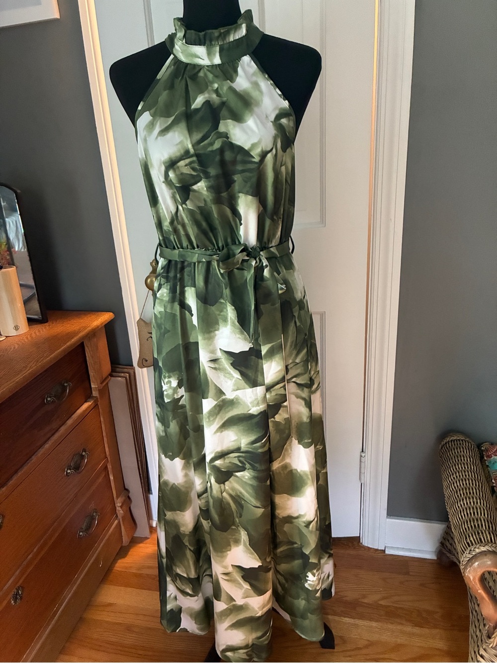 Green Floral Halter Maxi Dress with Self-Tie Waist